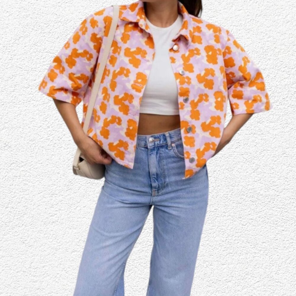 Zara - 100% Cotton Denim Floral Jacket - Size M